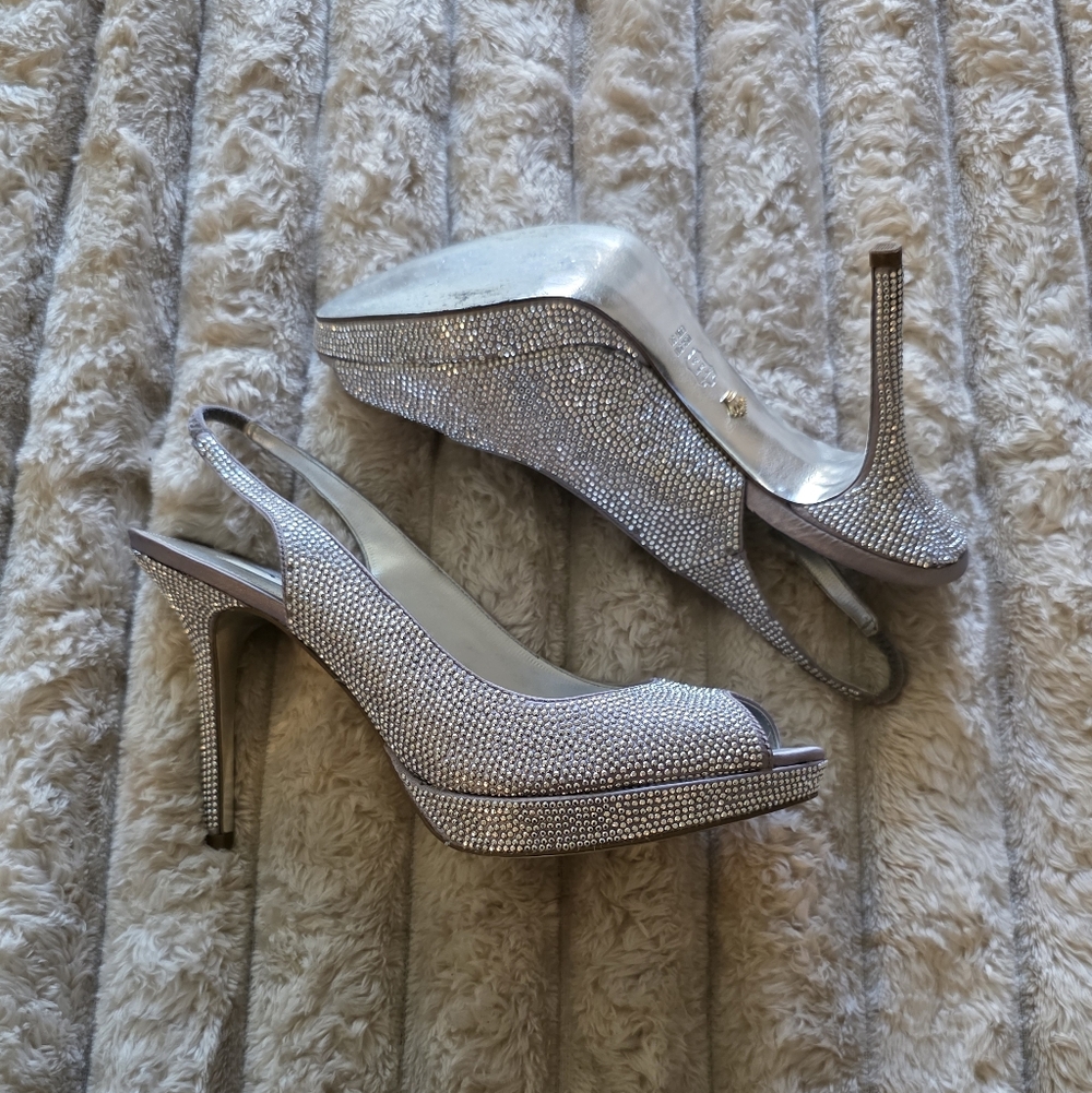 Nina Crystal-Embellished Slingback Peep-Toe Heels - Silver